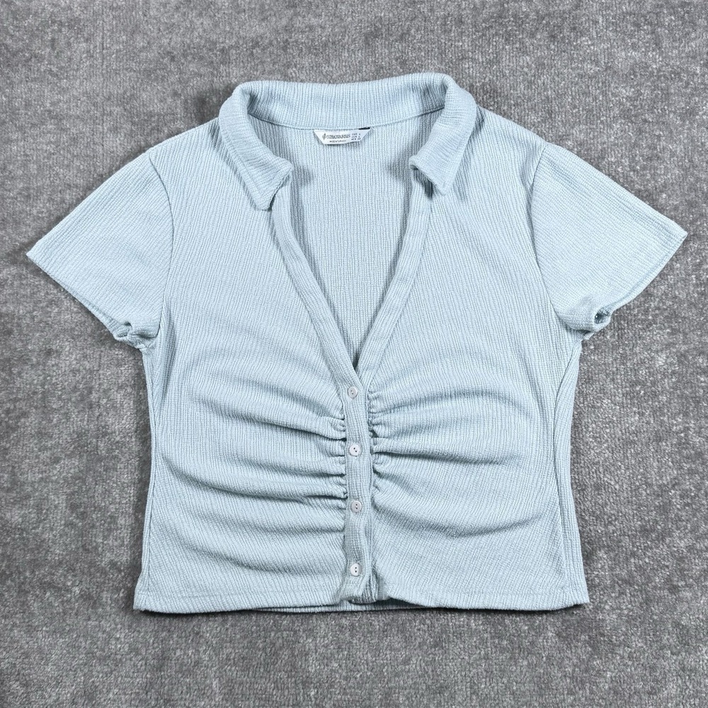 Stradivarius Top Women's Large Blue Ruched Cropped Button Front V-Neck